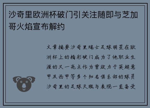沙奇里欧洲杯破门引关注随即与芝加哥火焰宣布解约