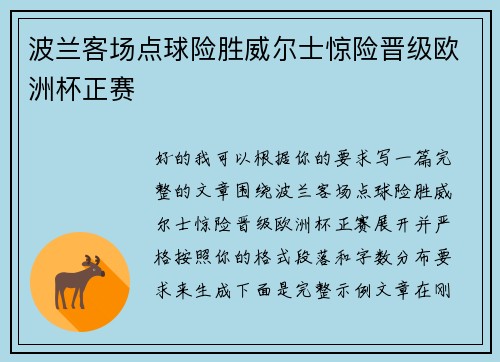 波兰客场点球险胜威尔士惊险晋级欧洲杯正赛 波兰客场点球险胜威尔士惊险晋级欧洲杯正赛