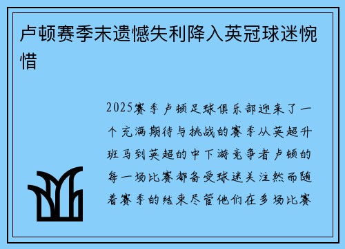 卢顿赛季末遗憾失利降入英冠球迷惋惜