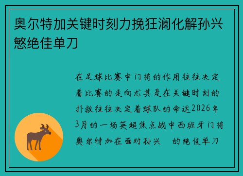 奥尔特加关键时刻力挽狂澜化解孙兴慜绝佳单刀 奥尔特加关键时刻力挽狂澜化解孙兴慜绝佳单刀